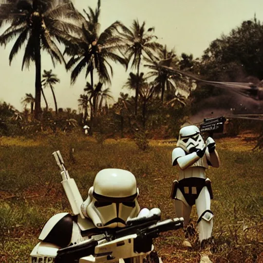 Image similar to star wars clone troopers combat soldiers in vietnam, photo, old picture, lush landscape, jungle, firearms, explosions, helicopters, aerial combat, active battle zone, flamethrower, air support, jedi, land mines, gunfire, violent, star destroyers, star wars lasers, sci - fi, jetpacks, agent orange, bomber planes, smoke, trench warfare