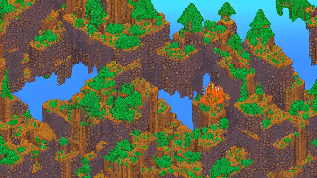 Image similar to Aerial view of a wizard tower surrounded by different kinds of gem mines and ominous caves, pixel art, colored