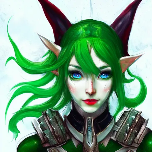 Image similar to a close up of a green haired elf person with blue eye with a horns crown red lips and wearing light armour, concept art by Lü Ji, trending on Artstation, fantasy art, official art, detailed painting, artstation hd