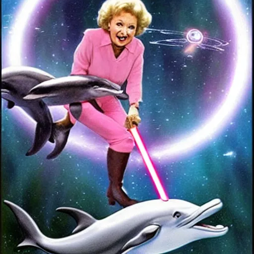 Image similar to betty white riding a dolphin in space with laser beams coming out of her eyes dual wielding lightsabers