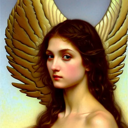 Image similar to Winged girl angel, face, fantasy, intricate, elegant, highly detailed, digital painting, artstation, concept art, smooth, sharp focus, illustration, art by John Collier and Jean-Leon Gerome and William Bouguereau and Albert Aublet