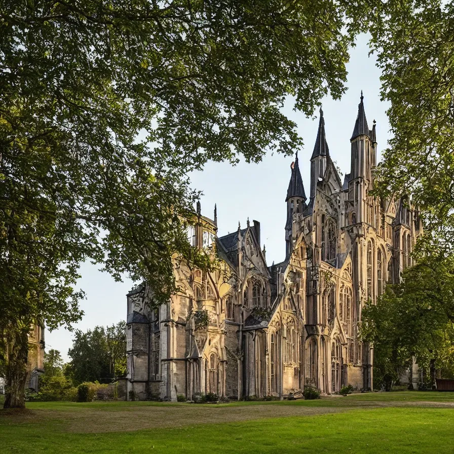 Prompt: a Tudor style village in the shadows of an enormous Gothic Revival architecture castle in a lovely meadow at dusk