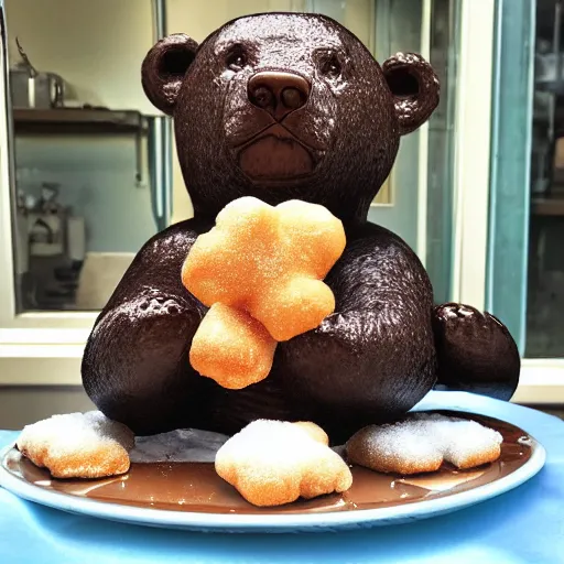 Prompt: a bear holding a beignet