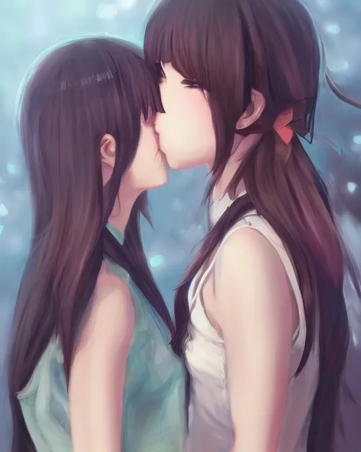 portrait of two girls kissing, anime, drawn by WLOP,, Stable Diffusion