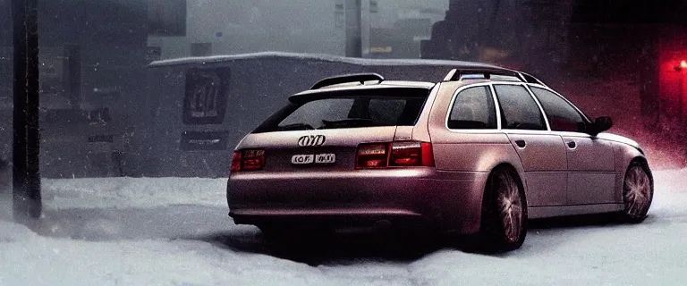 Image similar to Audi A4 B6 Avant (2002), eldritch horror anomaly, a gritty neo-noir, dramatic lighting, cinematic, eerie person, death, homicide, homicide in the snow, gunshots, establishing shot, extremely high detail, photorealistic, red fog, chaos, arson, burning city, cinematic lighting, artstation, by simon stalenhag, Max Payne (PC) (2001) winter New York at night, In the style of Max Payne 1 graphic novel, flashing lights, Poets of the Fall - Late Goodbye