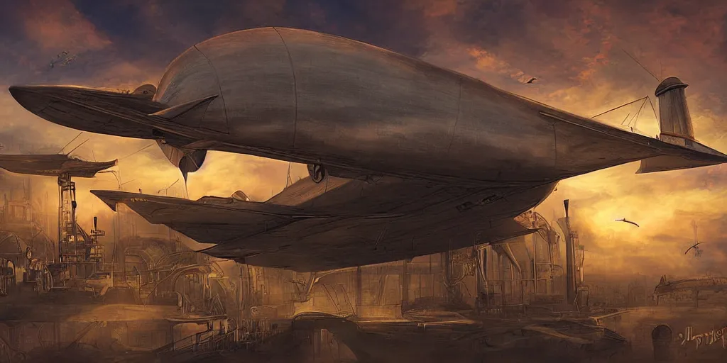 Image similar to Steampunk Air Haven, Zeppelins, digital Art, sunset lighting