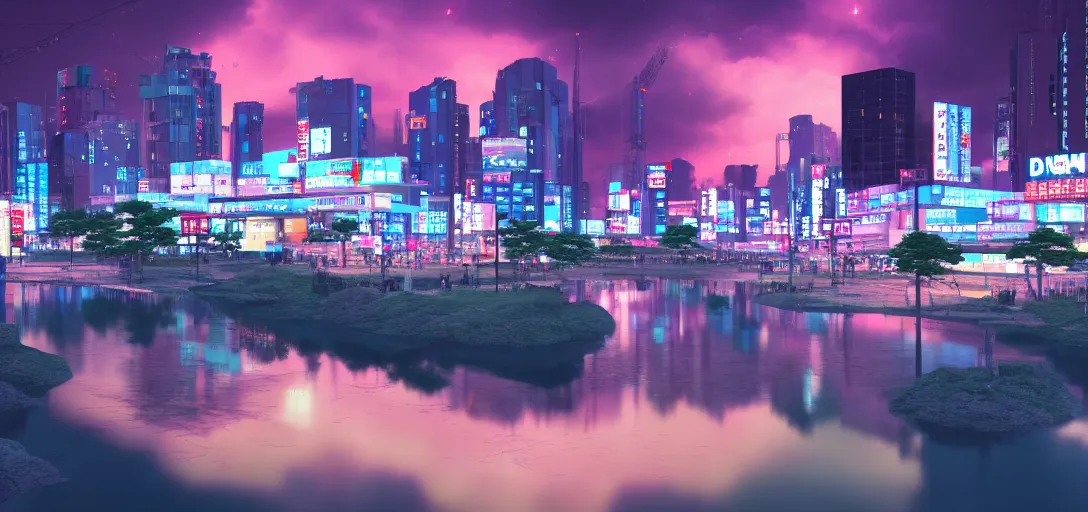 Prompt: very beautiful view of a modern japanese city at night, watery lake with dappled reflections, icy mountains in the background, calm clouds, colorful glow, neon lights, cinematic lighting, ultra detailed, sharp, ambient occlusion, raytracing, by dylan cole, sebastian meyer and jordan grimmer