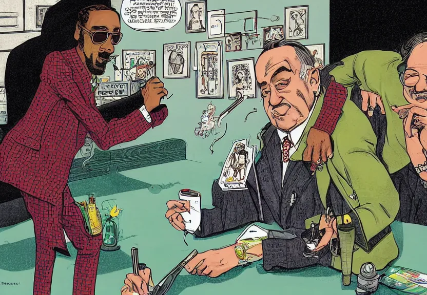 Prompt: A beautiful, stunning, extremely detailed comic book illustration by John Higgins showing Snoop Dogg and Danny De Vito smoking a joint