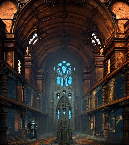 Image similar to steam necropolis, memento mori, gothic, neo - gothic, art nouveau, hyperdetailed copper patina medieval icon, stefan morrell, philippe druillet, ralph mcquarrie, concept art, steampunk, unreal engine, detailed intricate environment, octane render, moody atmospherics, volumetric lighting, ultrasharp, ominous, otherworldly