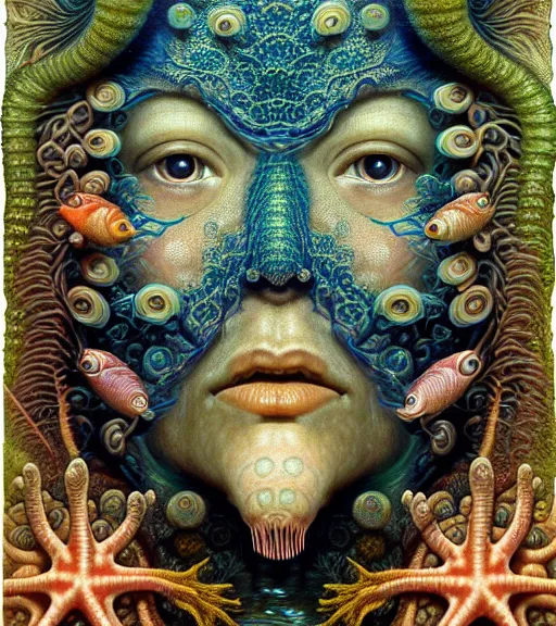 Image similar to hyperrealistic detailed underwater face portrait of the beautiful god of the fish with an intricate headgear of corals, sea kelp, sea plants, fish, starfish, jellyfish, art by ernst haeckel, james jean, john william godward, gothic, neo - gothic, ornamental, beautiful deep colours,