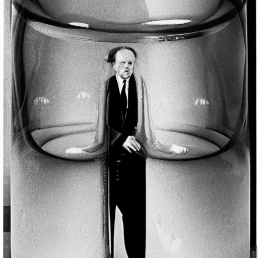 Image similar to Marshall McLuhan trapped in a huge inflatable transparent tube with chrome effect