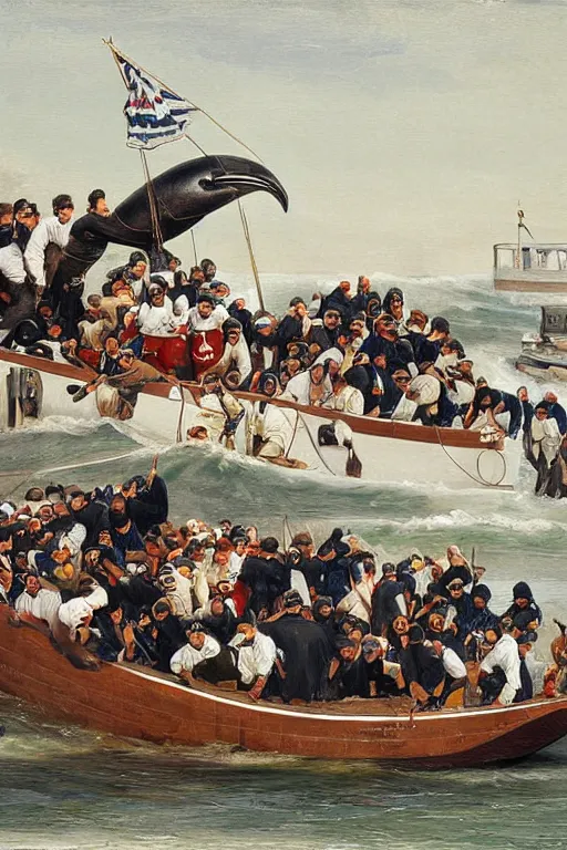 Prompt: whaling boat filled with nfl football players in helmets and pads, football helmets, american school, whaling painting, robert wyland