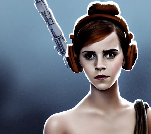 Image similar to photography of a sensual emma watson dressed like princess leia slave girl outfit star wars, deep focus, intricate, elegant, highly detailed, digital painting, artstation, concept art, matte, sharp focus, illustration