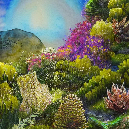 Image similar to delicate coastline mountain garden on paper, rock, bees, puffy, botanical herbarium, botanic watercolors, iridescent, 8 k wide angle, realistic shaded, fine details, artstation, italian, rainbow, colonnade, temple, oak tree, pinecone, pomegranade, vines, gardena architecture, pompeian, sicilian