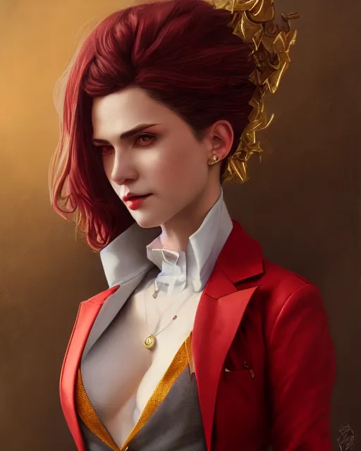 Image similar to female vampire, gold waistcoat, red shirt, grey hair, red necktie, cinematic, stunning, highly detailed, digital painting, artstation, smooth, hard focus, full body shot, illustration, art by artgerm and greg rutkowski and alphonse mucha