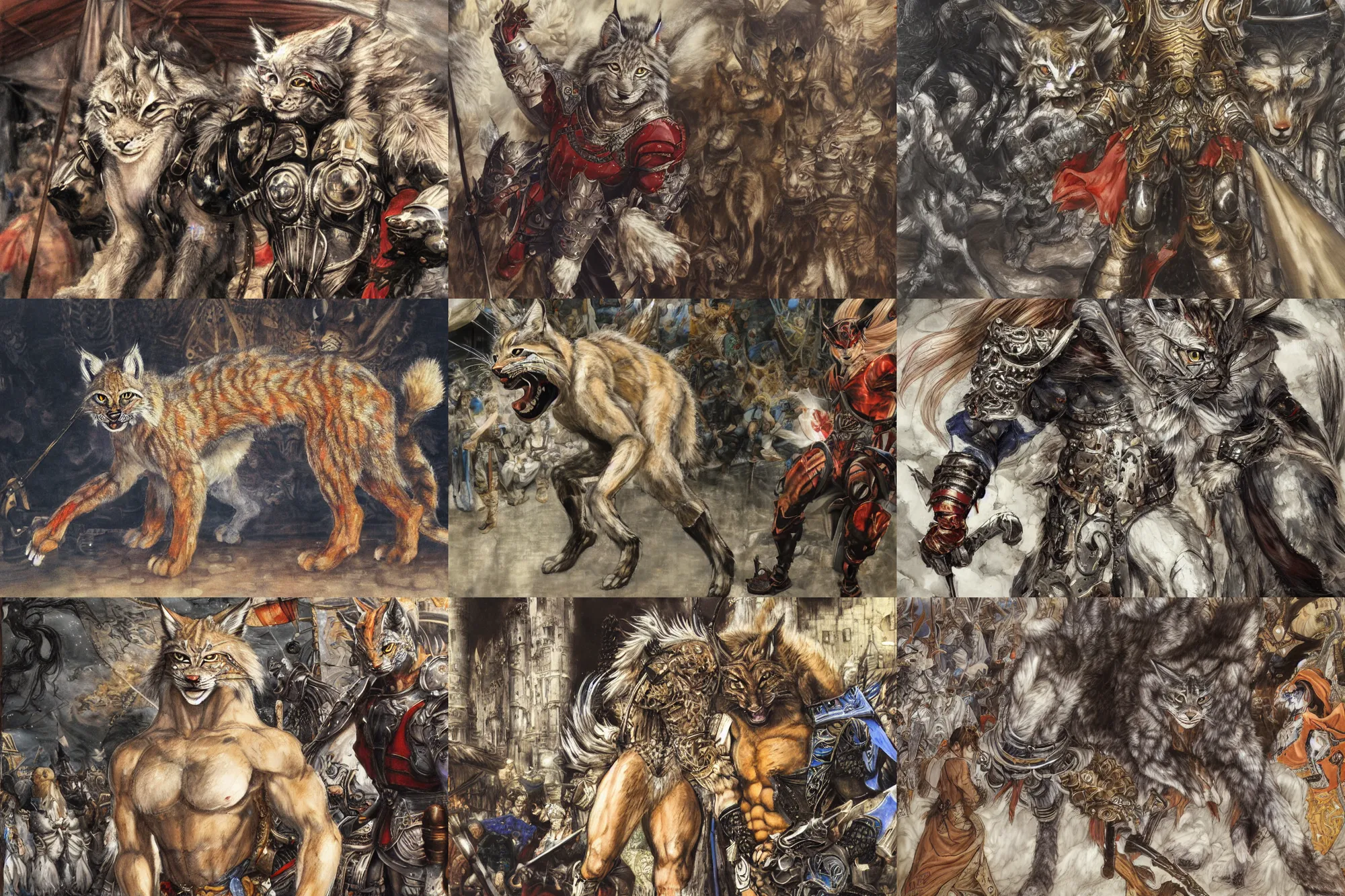 Image similar to 8k Yoshitaka Amano painting of upper body of a young cool looking lynx beast-man with white mane at a medieval market at windy day. Depth of field. He is wearing complex fantasy armors. He has huge paws. Renaissance style lighting.