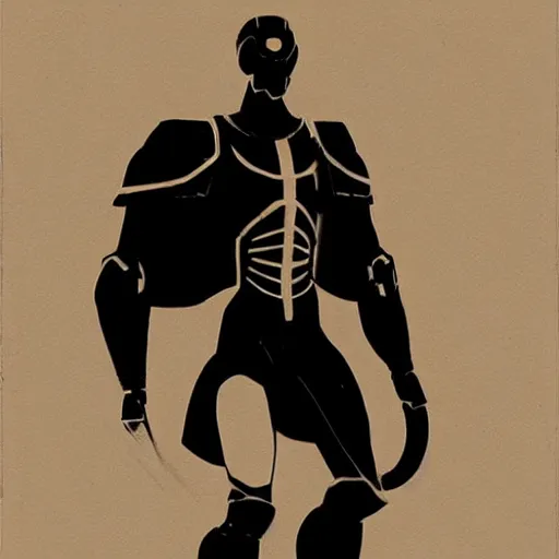 Image similar to concept art, stylized silhouette, super exaggerated proportions, concept design, male, science fiction suit, helmet, by mike mignola