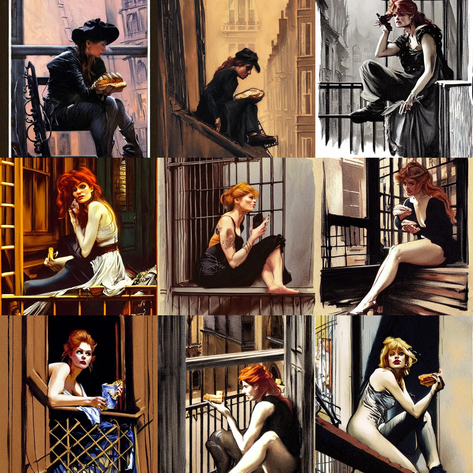 Prompt: character portrait of a rugged brigitte bardot sitting down on a fire escape eating a sandwich in gothic london, gothic, john singer sargent, muted colors, moody colors, illustration, digital illustration, amazing values, art by j. c. leyendecker, joseph christian leyendecker, william - adolphe bouguerea, graphic style, dramatic lighting, gothic lighting