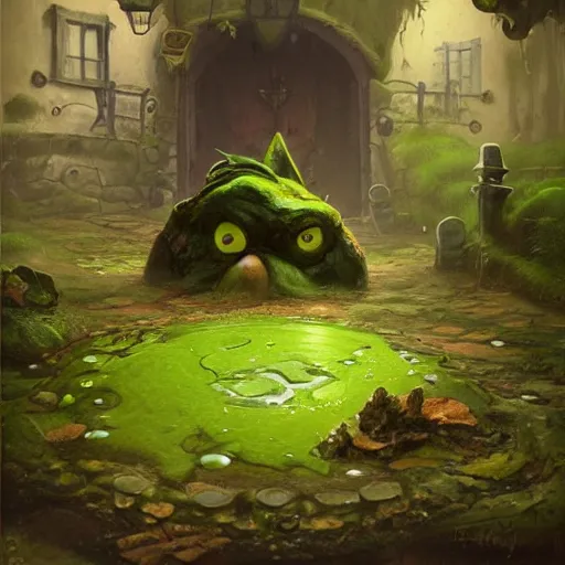 Image similar to anthropomorphic green puddle with an angry sneer lurking in a damp alleyway , concept art, painting by Justin Gerard