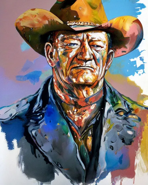 Image similar to abstracted john wayne painted in extremely thick, glazed impasto splatter paint, in muted color's, in impressionist styles