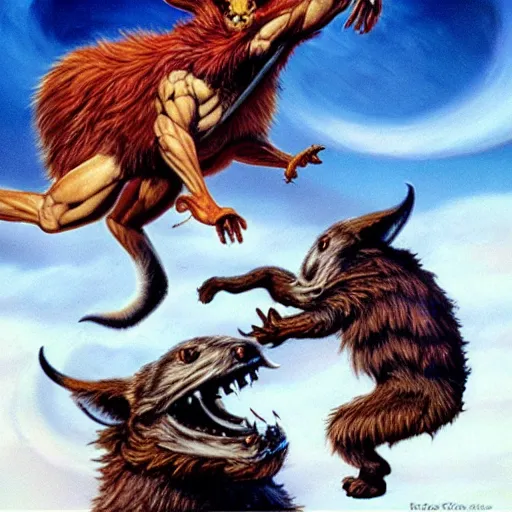 Prompt: epic battle between badgers and sockpuppets, fantasy art by Boris Vallejo