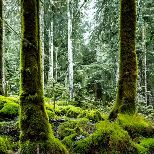 Prompt: an a frame in an evergreen forest with moss everywhere