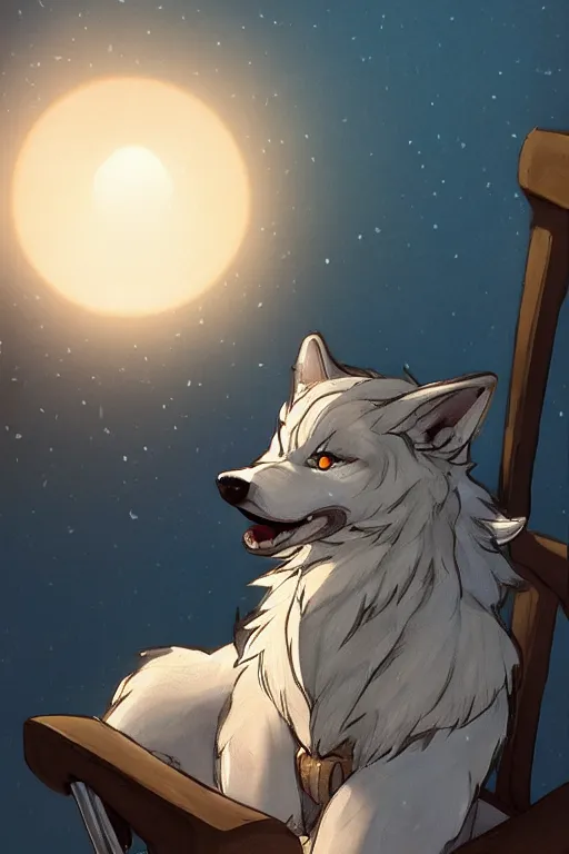 Prompt: anthropomorphic wolf fursona sitting in a chair at home lit by the sunset, furry art, trending on artstation, digital art, kawacy, trending on furaffinity