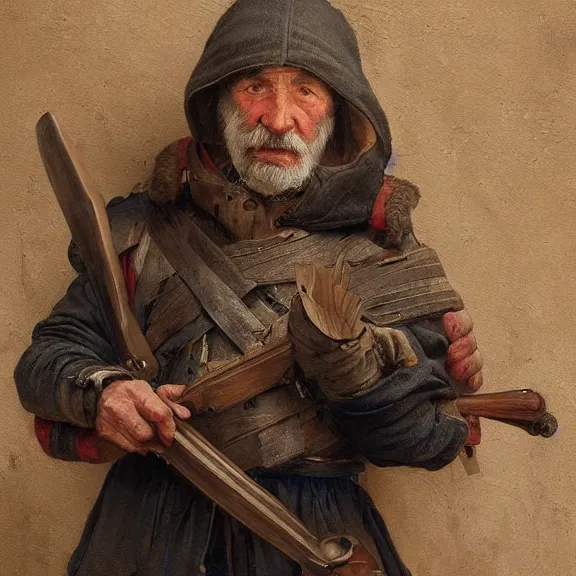 Prompt: excellent painted portrait of a retired elderly 15th century swiss mercenary, high quality painting with detailed face, 4k, trending on artstation, octane render, art by artgerm and greg rutkowski and alphonse mucha and craig mullins and James Jean and Andrei Riabovitchev and Marc Simonetti and peter mohrbacher