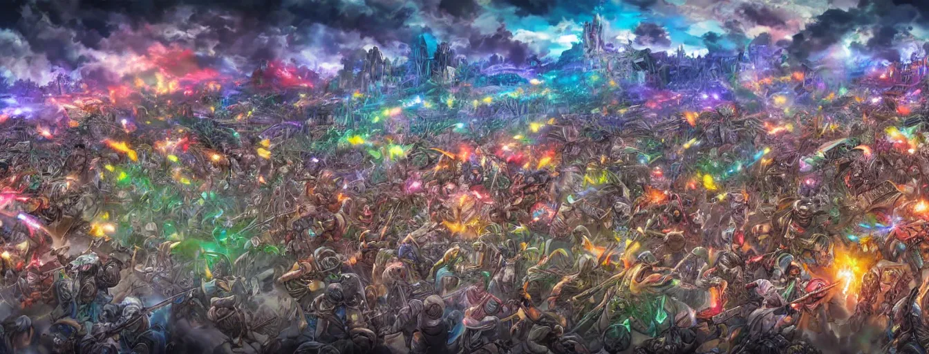 Prompt: a zoomed out panoramic view an army of rainbow soul army calvary screaming into the battlefield. hyperrealistic anime background illustration by kim jung gi, colorful, extremely detailed intricate linework, smooth, super sharp focus, bright colors, high contrast, matte, octopath traveler, unreal engine 5 highly rendered, global illumination, radiant light