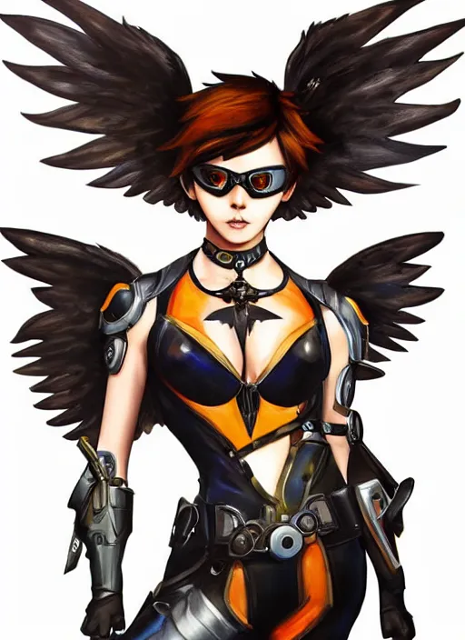 Image similar to full body oil painting of tracer overwatch, angel wings, dramatic painting, symmetrical composition, wearing detailed leather choker, black shiny armor, chains, detailed face and eyes,