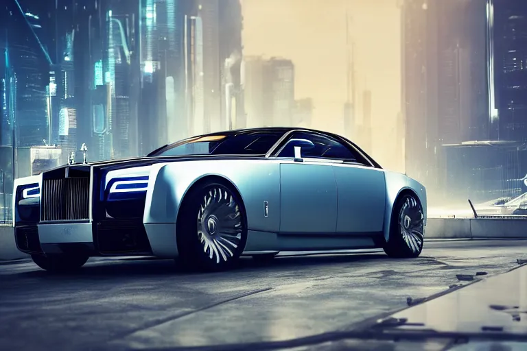 Prompt: Futuristic Rolls Royce Phantom, angular and sharp industrial design, inspired by Cyberpunk 2077 Rayfield, driving across Beverly Hills, futuristic car concept, concept automobile design, telephoto lens, low shot camera angle, cinematic lighting, Octane render, VRay, 3D rendering, Unreal Engine 5