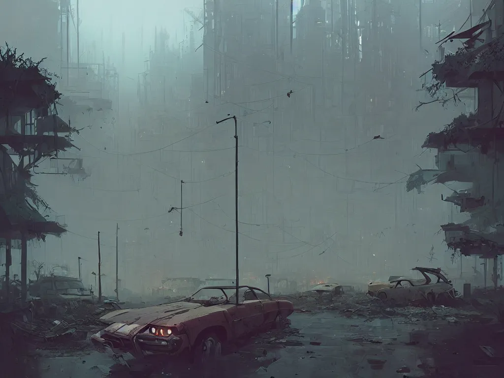 Image similar to post - apocalyptic cityscape overgrown by nature, old cars, destroyed, fog, by atey ghailan, ismail inceoglu, michal lisowski, artstation, volumetric light, high detail, perfect