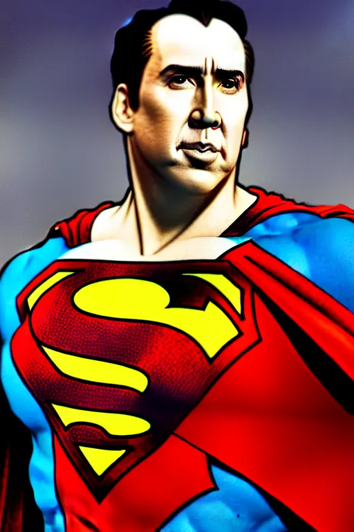 Image similar to nicholas cage as superman, art by artgerm and greg rutkowski and alphonse mucha