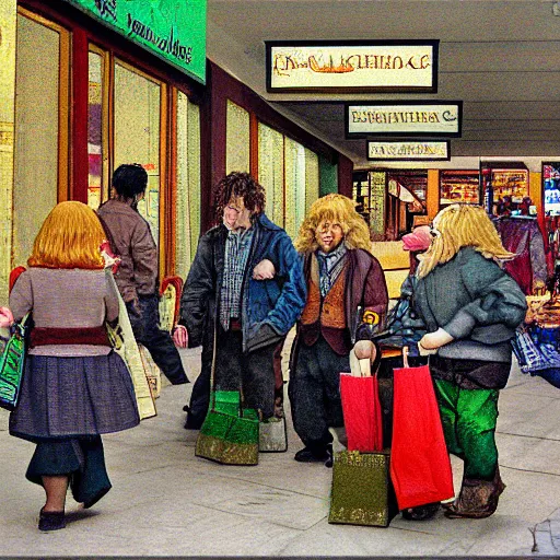 Prompt: hobbits shopping at the mall. by ingahild grathmer