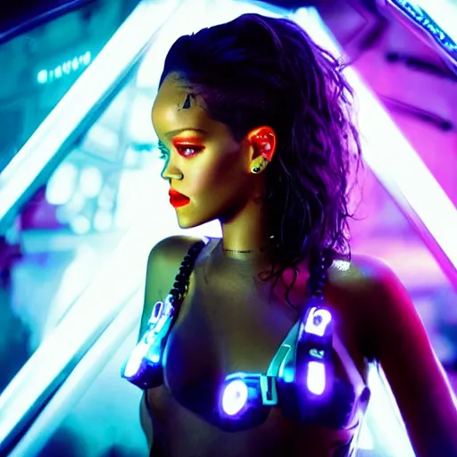 Image similar to portrait of rihanna as a cyborg in a futuristic city, surrounded by neon lights, cinematic, fantasy