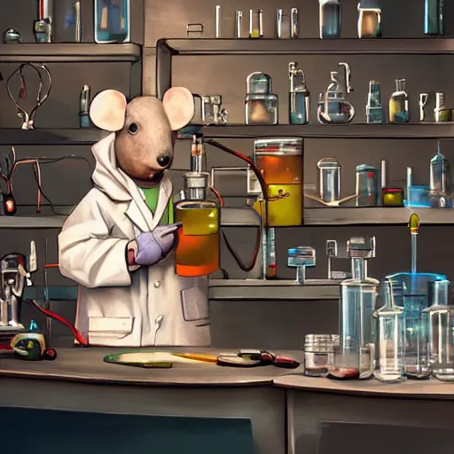 Image similar to mouse in a lab coat performing a chemistry experiment, in a cluttered lab, lots of beakers, illustration, cyberpunk, sci - fi fantasy, intricate, elegant, highly detailed, digital painting, artstation, concept art