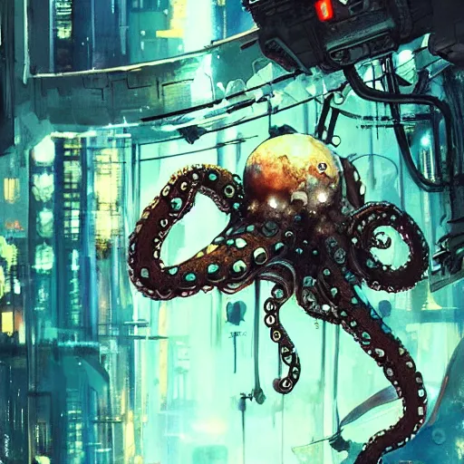 Prompt: Octopus in space, cyberpunk, realistic, detailed, Industrial Scifi, paint, watercolor, in the style of Ashley Wood and Wadim Kashin