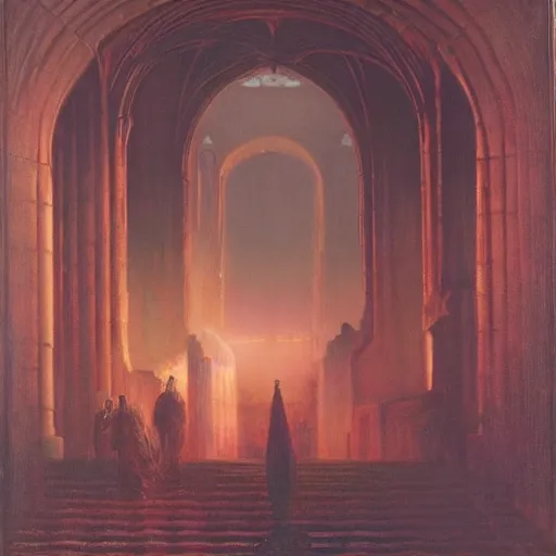 Prompt: massive subterranean gothic citadel by Les Edwards and Delphin Enjolras, oil on canvas, dramatic scenery