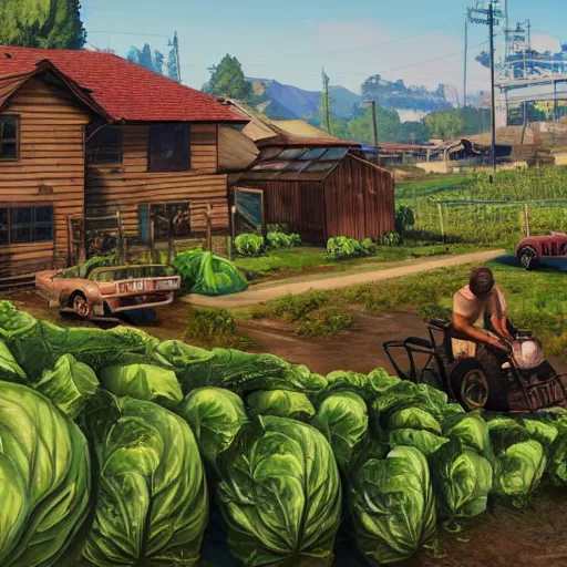 Image similar to cabbage farm, gta 5 loading screen poster, artstation, picturesque, visual novel