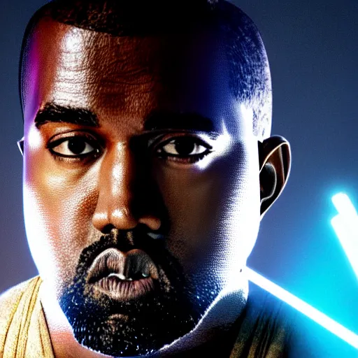 Prompt: Portrait of Kanye West as a jedi in Star Wars, splash art, cinematic lighting, dramatic, octane render, long lens, shallow depth of field, bokeh, anamorphic lens flare, 8k, hyper detailed, 35mm film grain