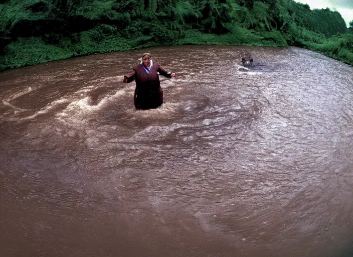 Image similar to grainy security cam footage still of Augustus Gloop in the chocolate river at Willy Wonka's Chocolate Factory, extreme wide angle
