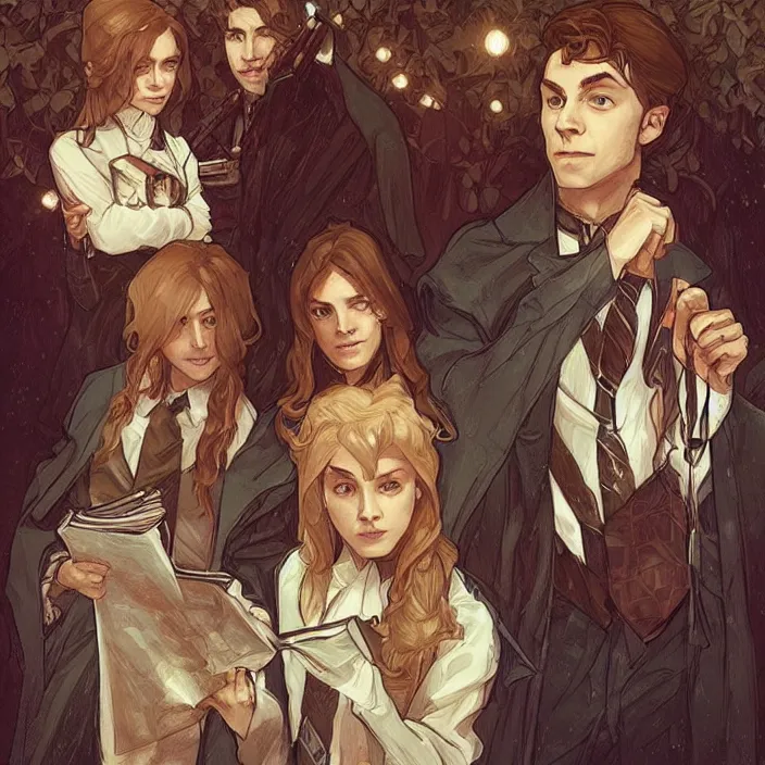 Image similar to harry, hermione and ron during their first year at hogwarts by artgerm, greg rutkowski, alphonse mucha