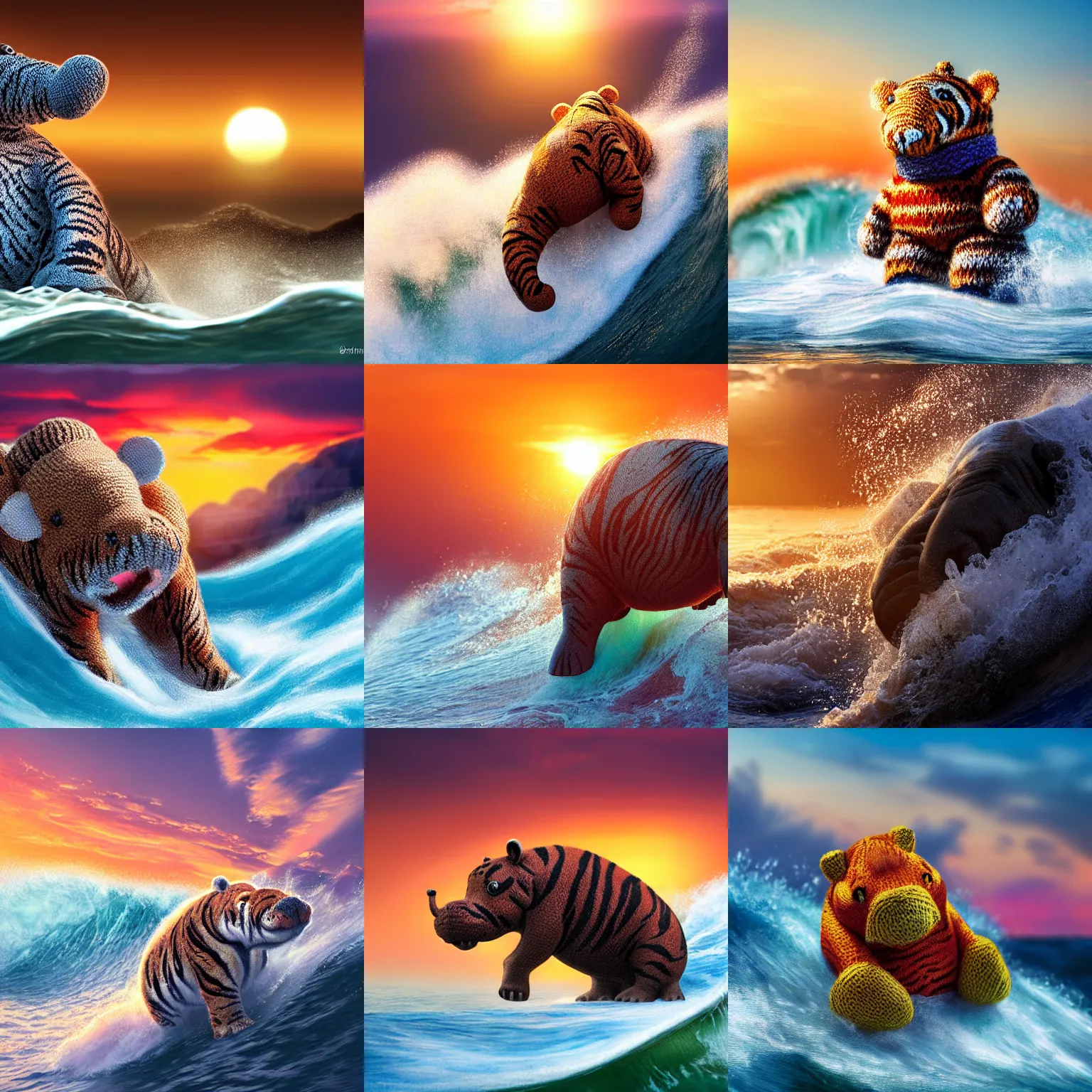 Prompt: a closeup photorealistic photograph of a cute knitted tiger hippopotamus riding a massive wave during sunset. pristine texture. surf in the background. professional capture. brightly lit scene. this 4 k hd image is trending on artstation, featured on behance, well - rendered, extra crisp, features intricate detail, epic composition and the style of unreal engine.