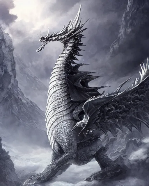 Image similar to giant ice dragon standing on a mountain, highly detailed, 4 k, hdr, award - winning, directed by zack snyder, trending on art station, matte