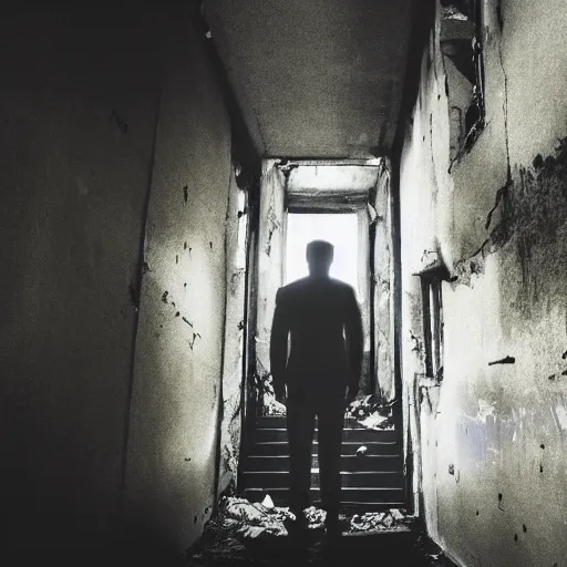 Prompt: A mysterious man standing in the middle of a stair hallway looking in the direction of the camera, the man is using a flashlight :: City in ruins with vegetation growing from the destroyed buildings :: apocalyptic, gloomy, desolate :: long shot, low angle, dramatic backlighting, symmetrical photography :: cinematic shot, highly detailed