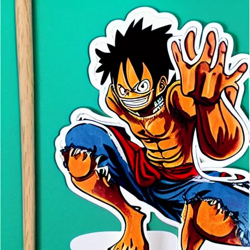 Image similar to die cut sticker, luffy gear 5, splatter paint on paper