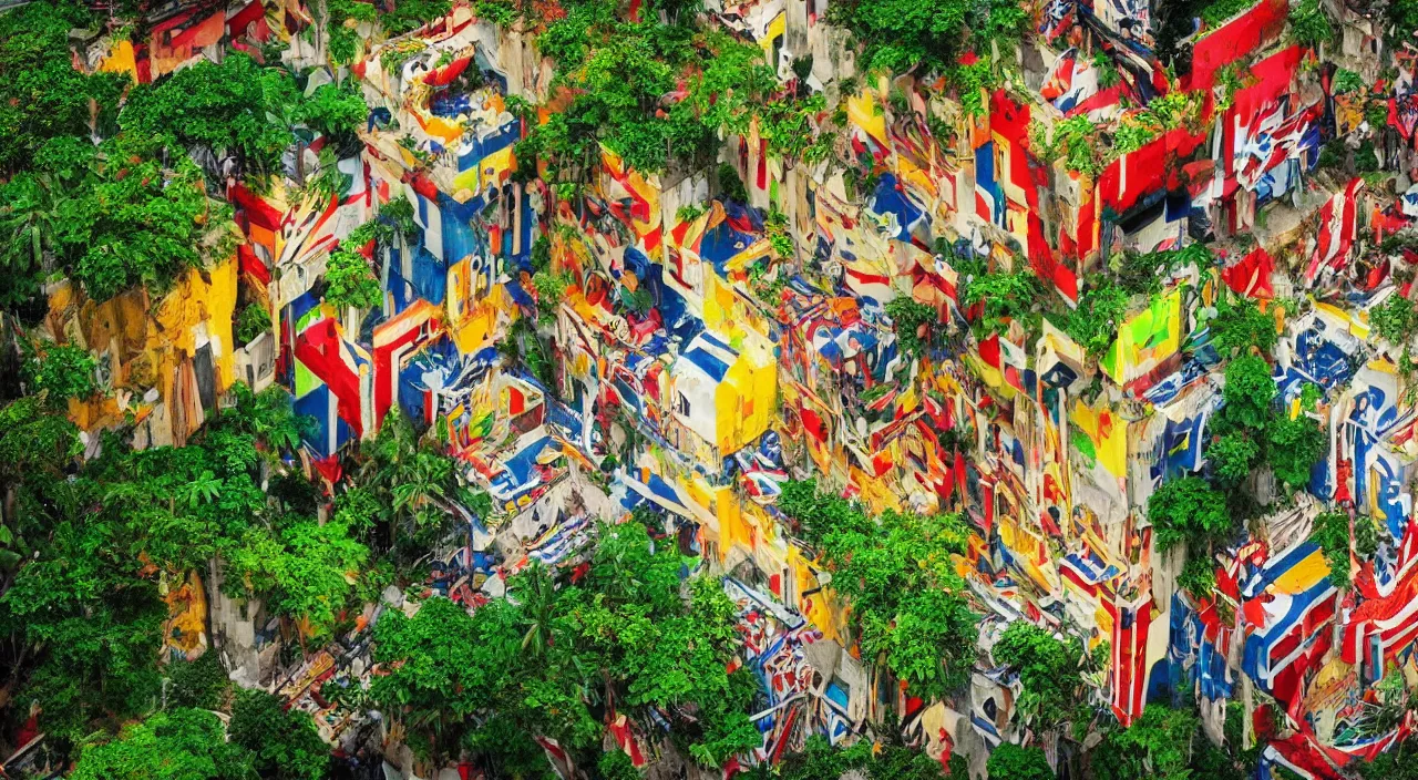 Image similar to flag colored wall fortress greeble illusion landscape jungle wonderworld paradize a spectacular view cinematic graffity style