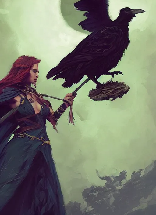 Image similar to hyper realistic photo of beautiful sorceress with a raven on her shoulder and a magic staff in her hand, full body, rule of thirds, conceptart, saturated colors, cinematic, greg rutkowski, brom, james gurney, mignola, craig mullins, artstation, cgsociety