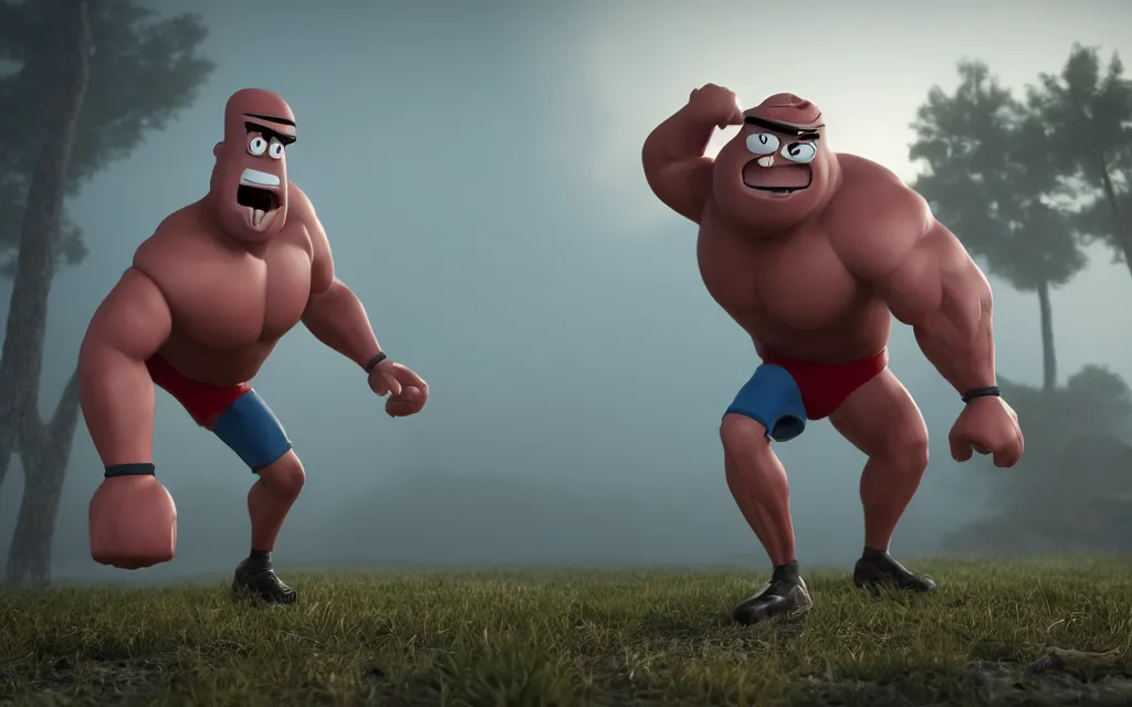 Image similar to muscle man from regular show, atmospheric, mist, epic, photorealistic, realistic, rule of thirds, extremely detailed, 4 k, 8 k, unreal engine 5 render, rim lighting, rtx, ray traced lighting, shot on 3 5 mm, film grain