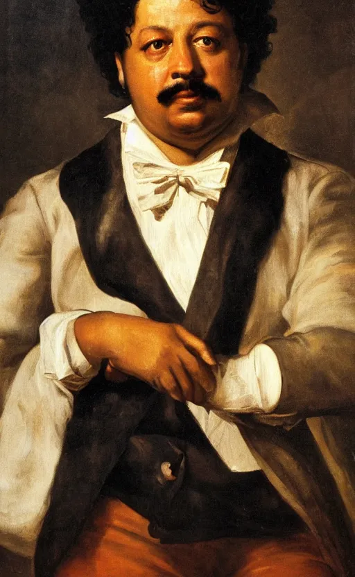 Image similar to Portrait of Alexandre Dumas, oil on canvas, highly detailed, by Delacroix, 8k